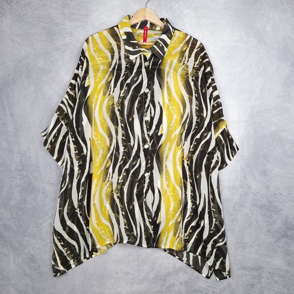 IC Connie K Blouse Womens Large Yellow Black Oversized Sheer Button Up Overshirt - Picture 1 of 16